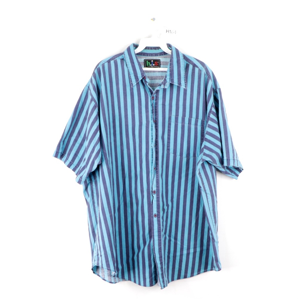 Vintage 80s Streetwear Striped Button Shirt Blue